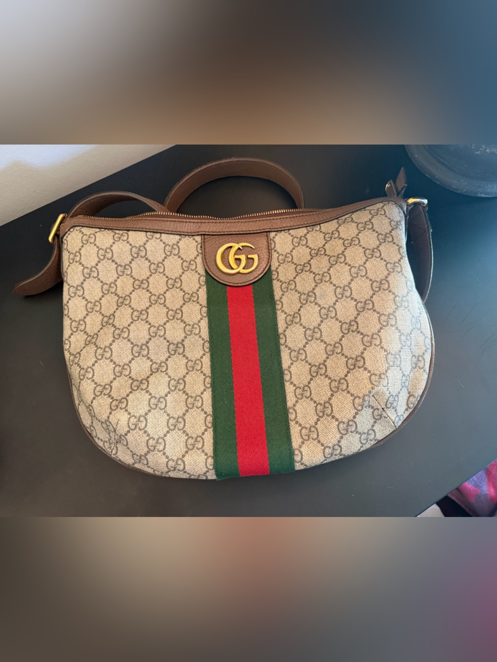 Gucci Beige GG Canvas Shoulder Bag with Green and Red Web Stripe